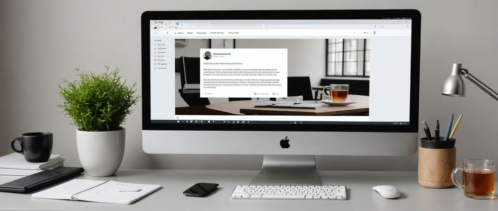 Современное рабочее место с iMac, на экране открыта вкладка блога, стакан чая, растение и канцелярия на столе.