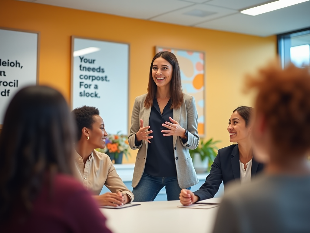 Smiling woman presenting to a group of attentive colleagues in a brightly colored office.