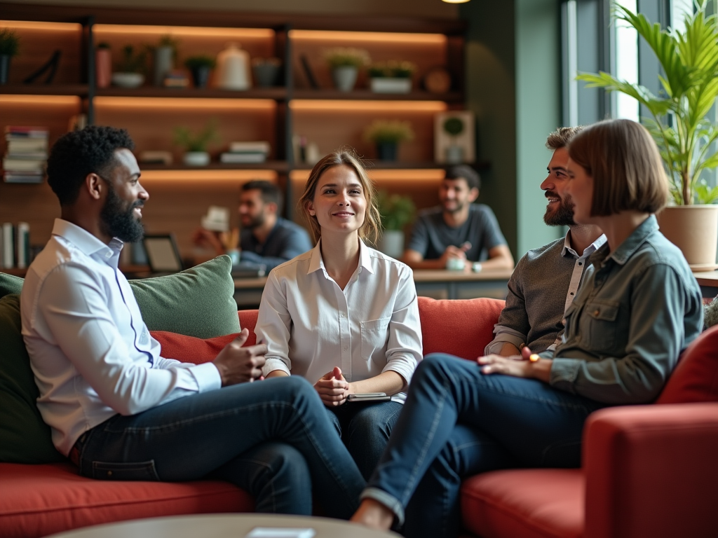 Four colleagues casually chatting and laughing in a cozy office lounge with books and plants.