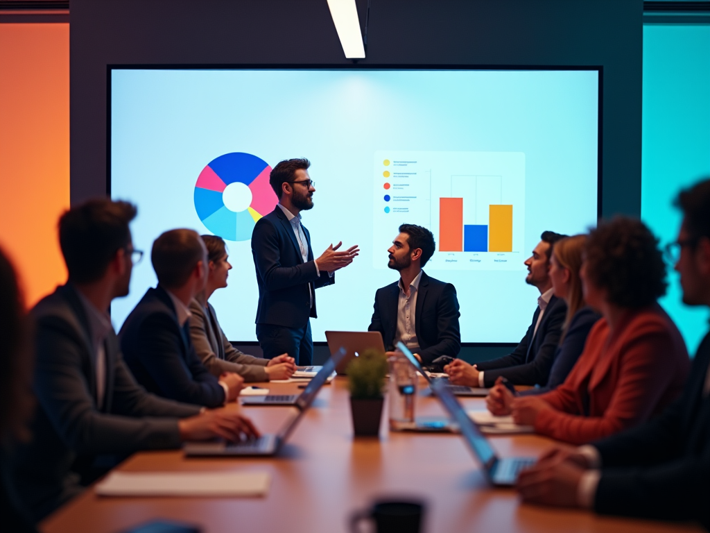 A man presenting graphical data on a screen to a group of attentive colleagues in a meeting room.