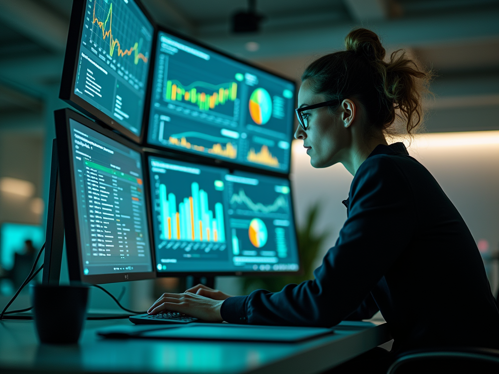 Woman analyzing financial data on multiple computer screens in a dark office.