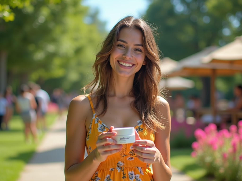 A woman in a floral dress smiling, holding a coffee cup, with a vibrant outdoor background.