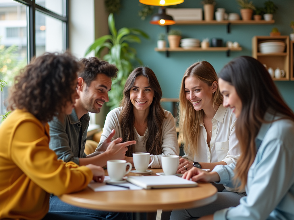 Group of five friends laughing and talking over coffee in a cozy cafe.