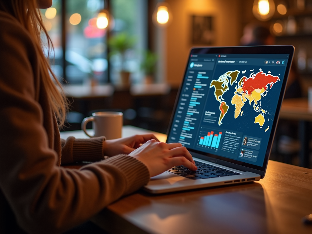 Woman using a laptop displaying a world map with data analytics in a cafe.