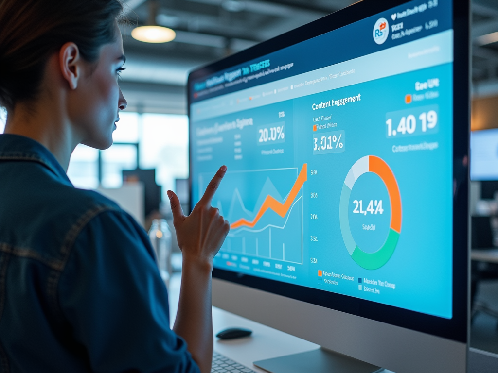 Woman analyzing digital marketing statistics on a large computer monitor in an office.