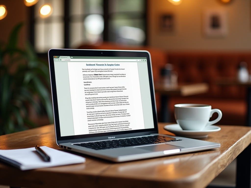 Laptop on wooden table displaying a document, with a notebook and coffee cup, in a cozy café setting.