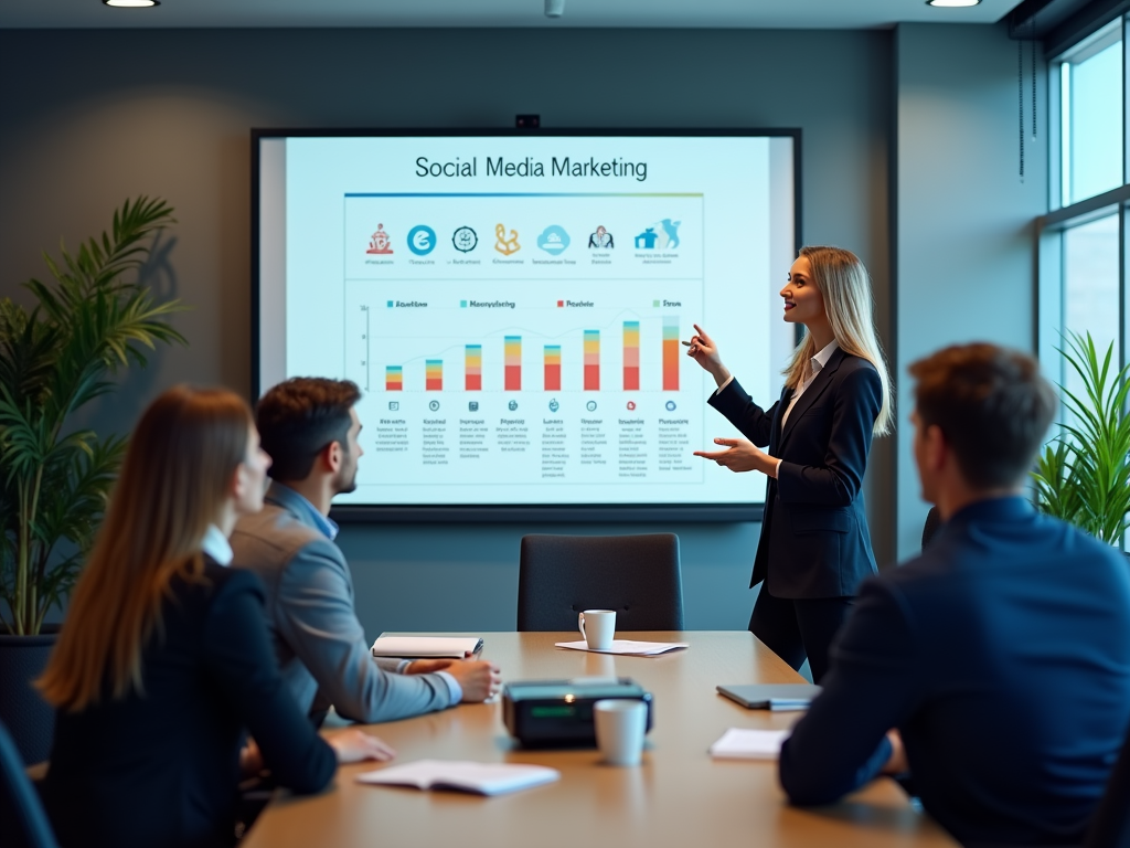 Woman presents social media marketing data to colleagues in boardroom.