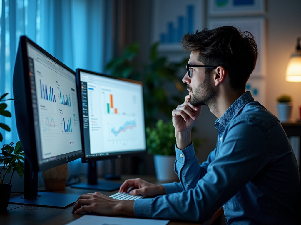 A young man working on a computer, analyzing data on two screens in a cozy, dimly lit room.