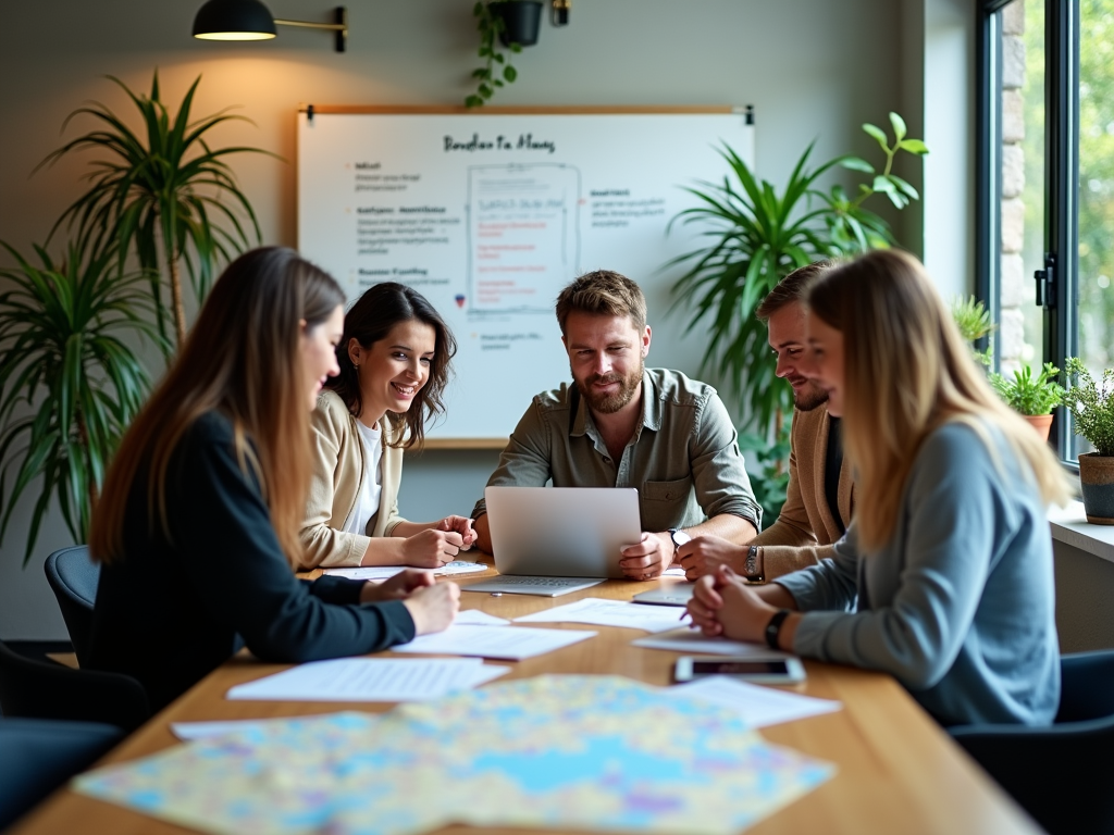 A group of five people collaborates around a table, focused on a laptop with notes and a map visible.