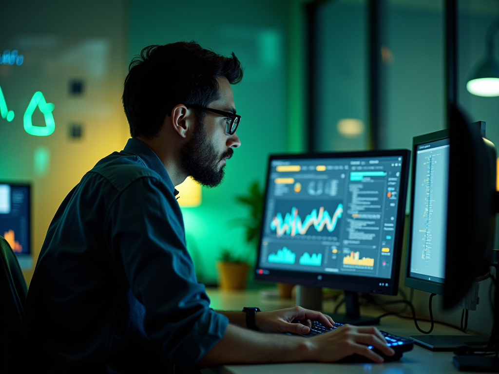 A focused individual works on dual monitors, analyzing data in a dimly lit office with green lighting.