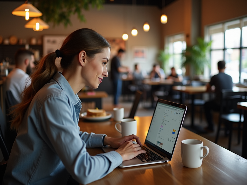 A woman in a café works on a laptop, with coffee and a plate of food on the table, and others seated in the background.