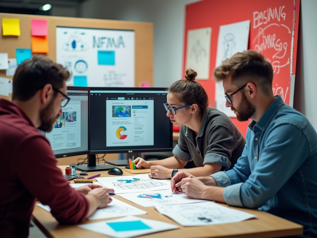 Three individuals are collaborating at a desk, analyzing designs and digital content on two computer screens.