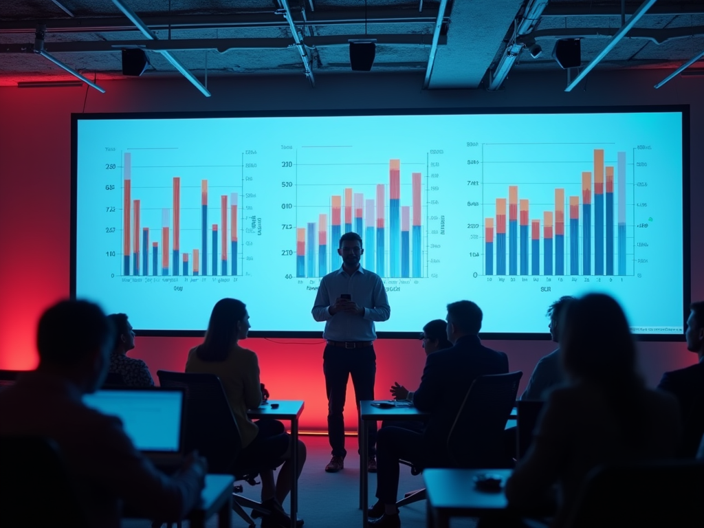 A speaker presents data on bar graphs to an audience in a dimly lit conference room.