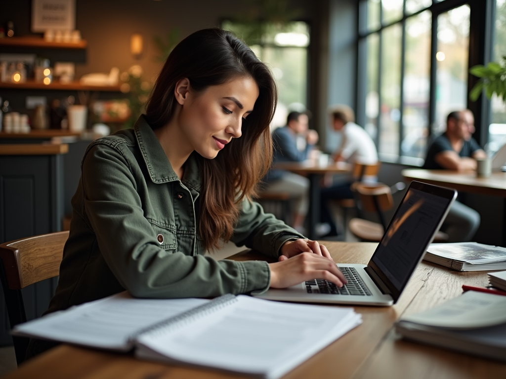 A woman works on a laptop at a café, studying with notebooks and papers spread out on the table.