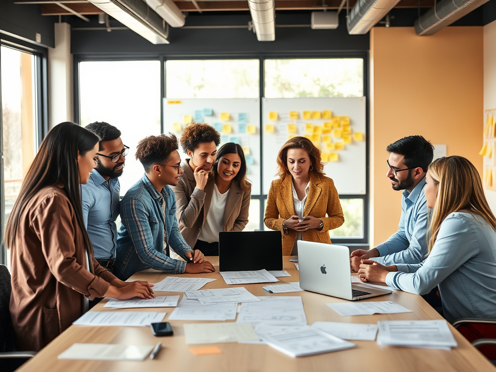 A diverse group of professionals collaborates at a table, discussing documents and projects in a modern office space.