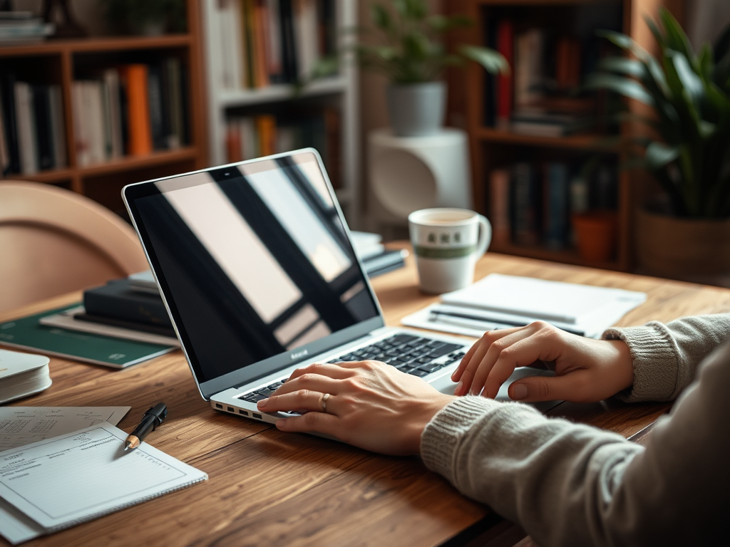 A person types on a laptop at a wooden desk surrounded by books, notebooks, and a cup of coffee.