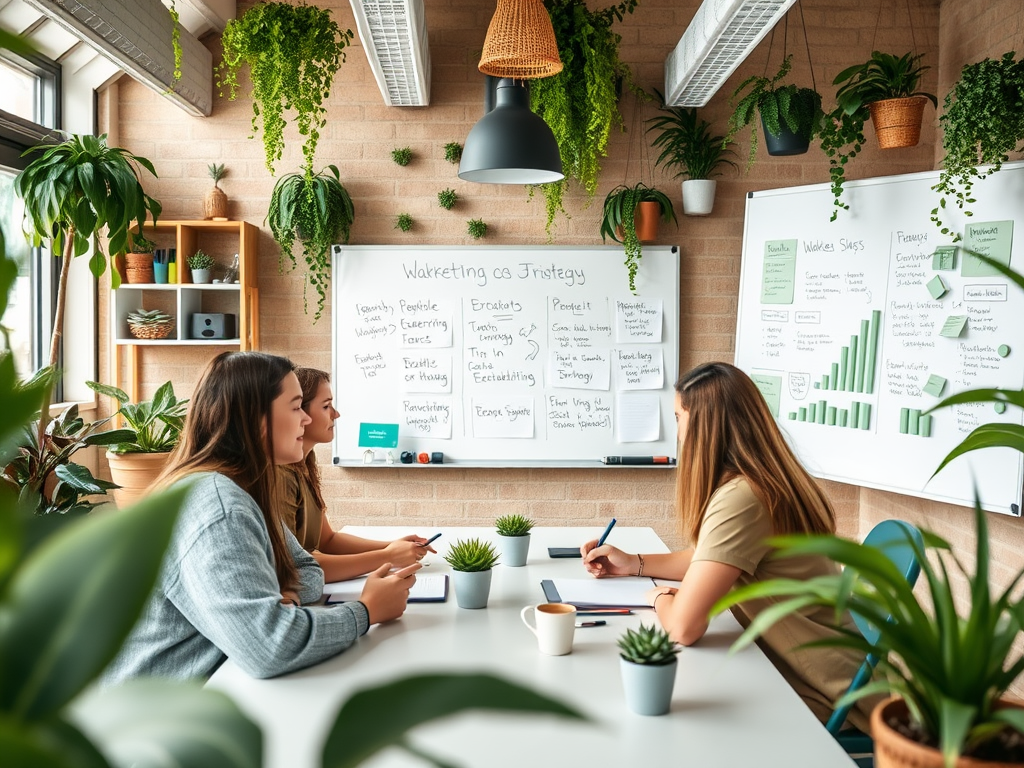 Three women in a bright, plant-filled meeting room discuss marketing strategies with notes on whiteboards.