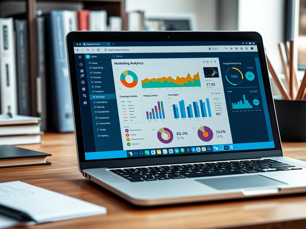 A laptop displaying a marketing analytics dashboard with various colorful graphs and statistics on a wooden desk.