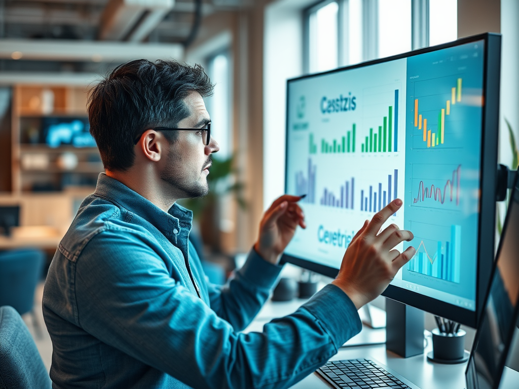 A man in a blue shirt analyzes data on a monitor displaying various graphs and charts in a modern office.