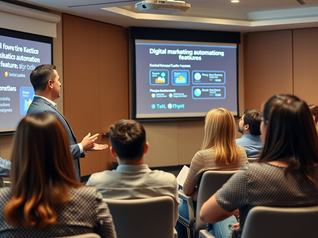 A speaker presents digital marketing automation features to an engaged audience in a conference room setting.