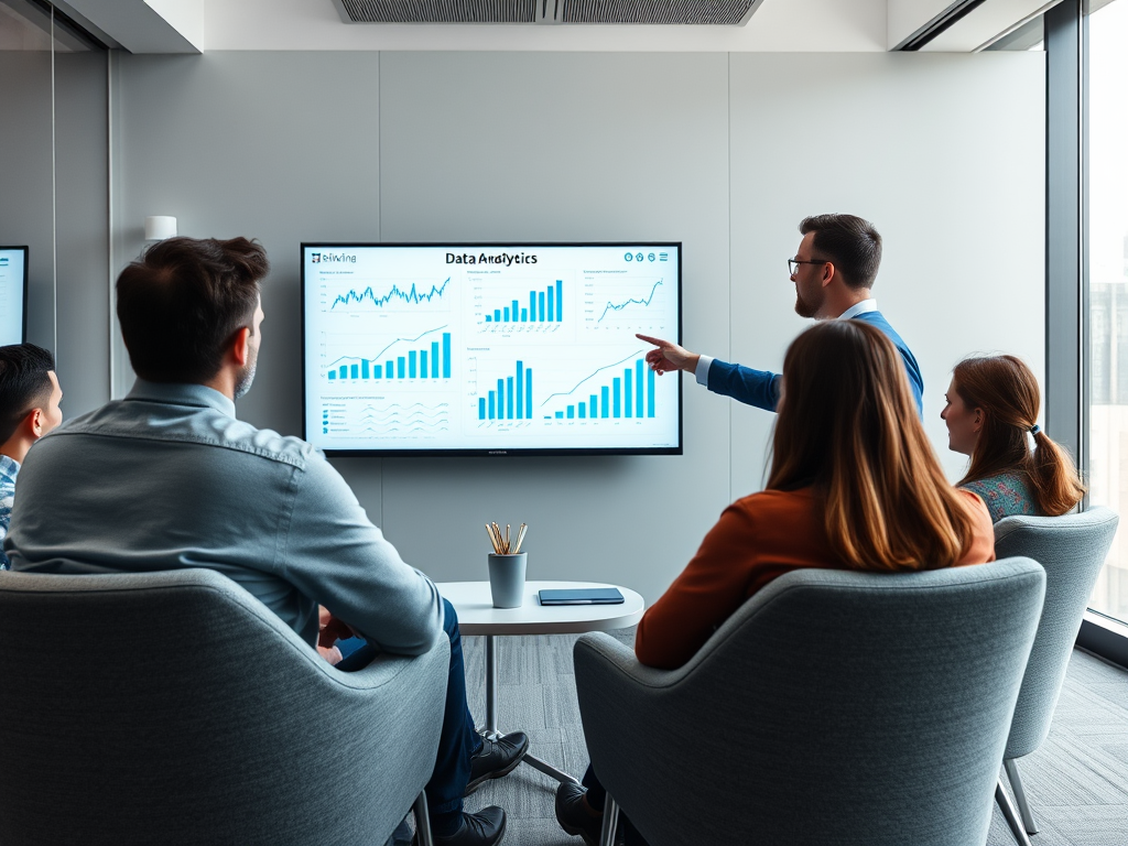 A presenter discusses data analysis with a group, pointing at charts on a screen in a modern office setting.