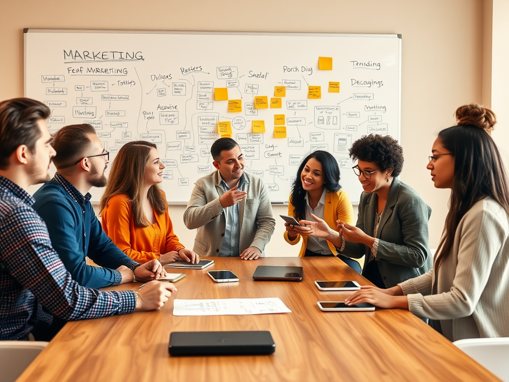 A group of seven professionals discussing marketing strategies around a table, with a whiteboard filled with notes behind them.