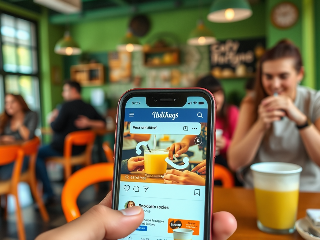 A person holds a smartphone displaying a social media app with drinks, while friends chat in a green cafe.