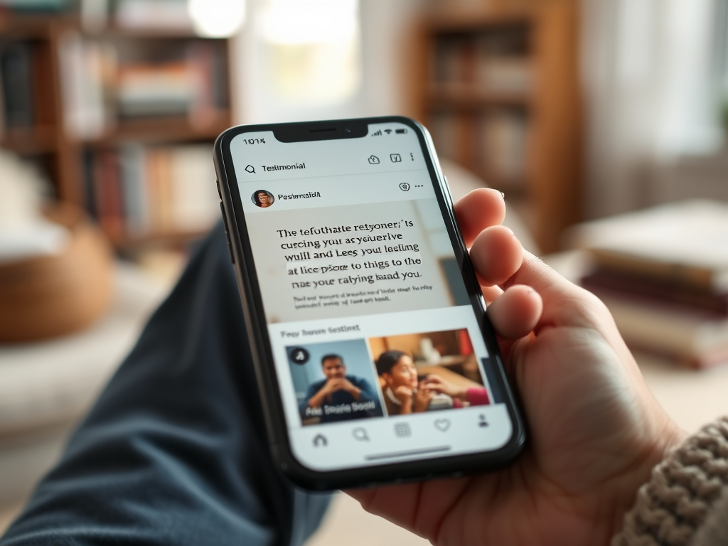 A person holds a smartphone displaying a testimonial on a social media app with a cozy background.