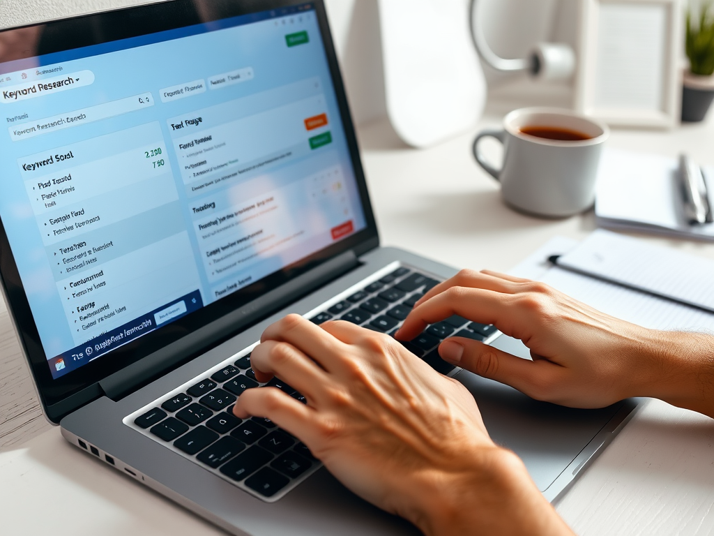 A person types on a laptop displaying a keyword research tool, with a coffee mug and notepad nearby.