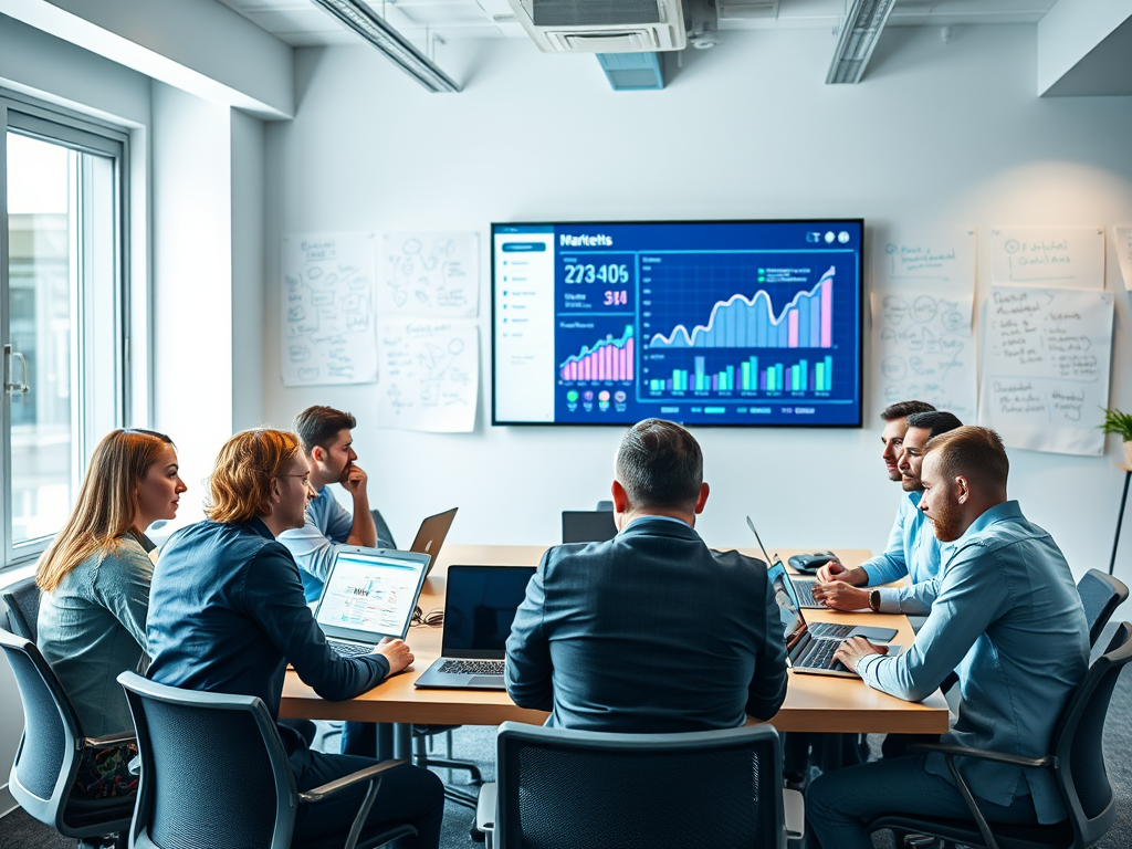 A group of professionals engage in a meeting, analyzing charts displayed on a screen with laptops on the table.