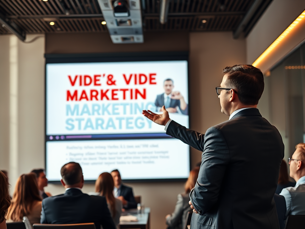 A businessman presents a marketing strategy in a modern conference room, with an audience engaged in the discussion.
