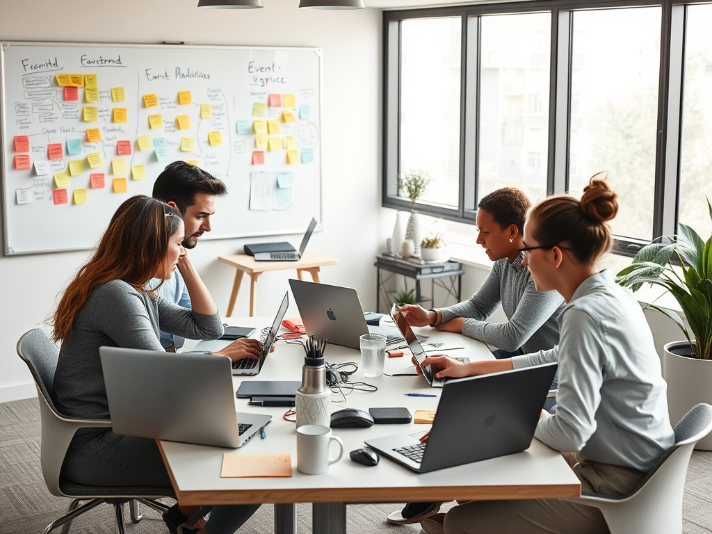 A team collaborates in an office, working on laptops with sticky notes on a whiteboard in the background.
