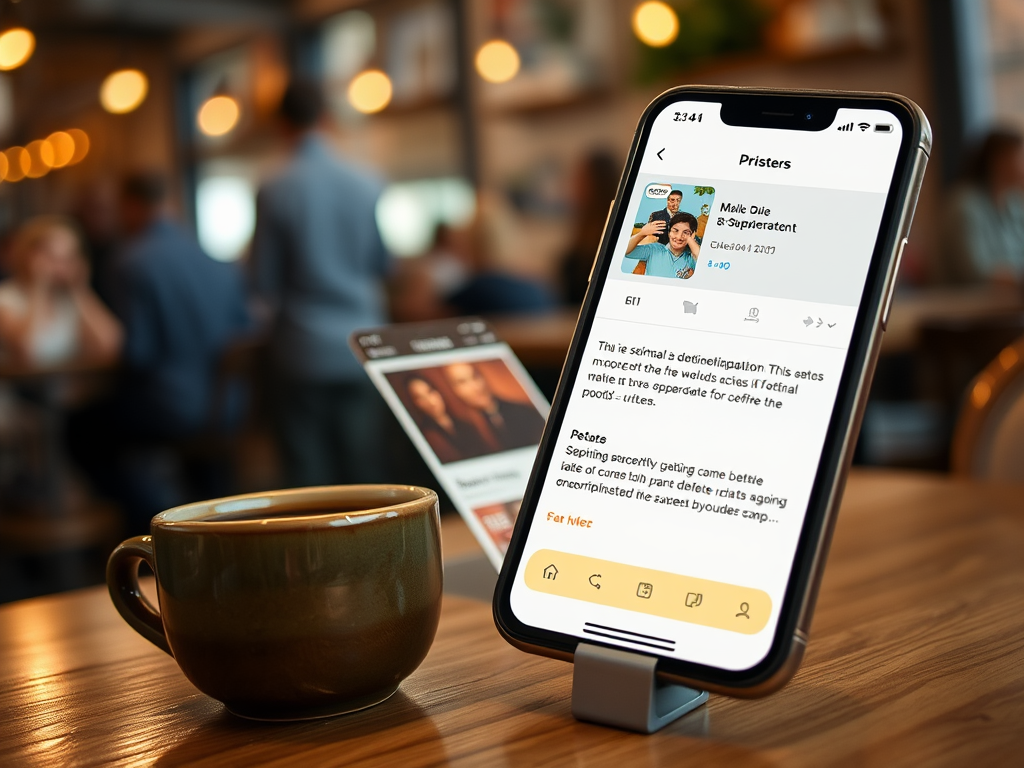 A smartphone displays a profile page in a café, next to a cup of coffee on a wooden table.