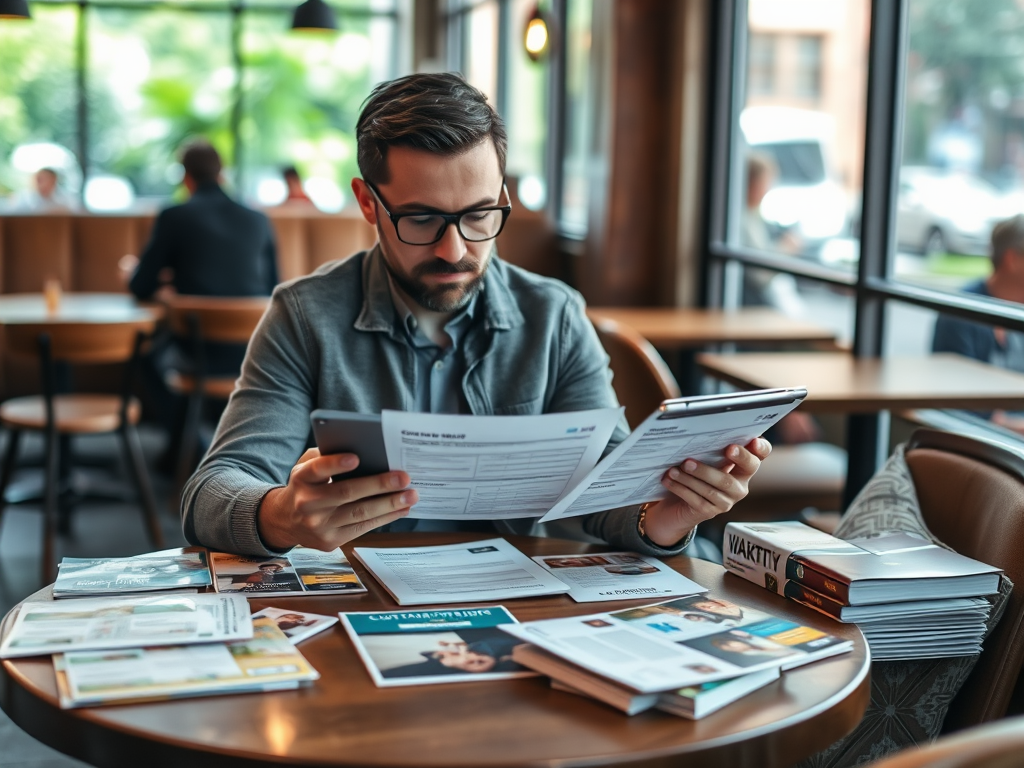 A man is sitting at a table in a cafe, reviewing documents and brochures on a busy day.
