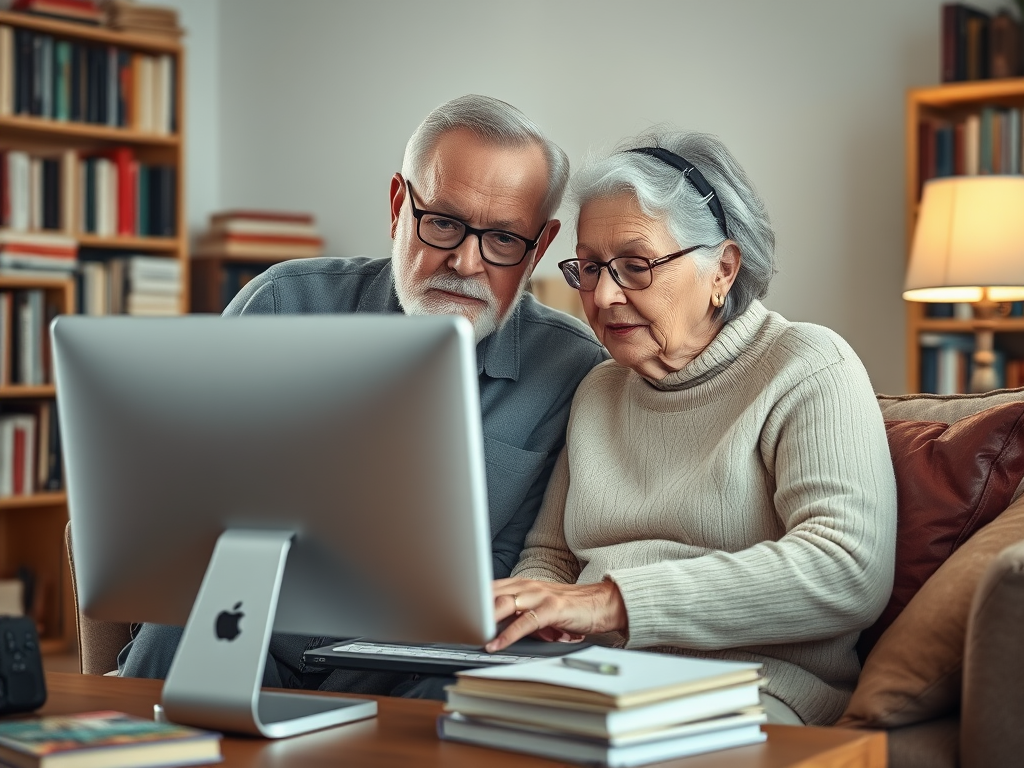 An elderly couple sits together, focused on a computer screen, surrounded by books in a cozy living room.