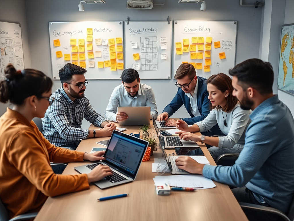 A group of six professionals collaborates around a table with laptops and notes in a modern office setting.