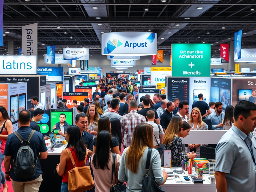 A busy exhibition hall filled with people exploring various booths and displays. Bright banners and products are visible.