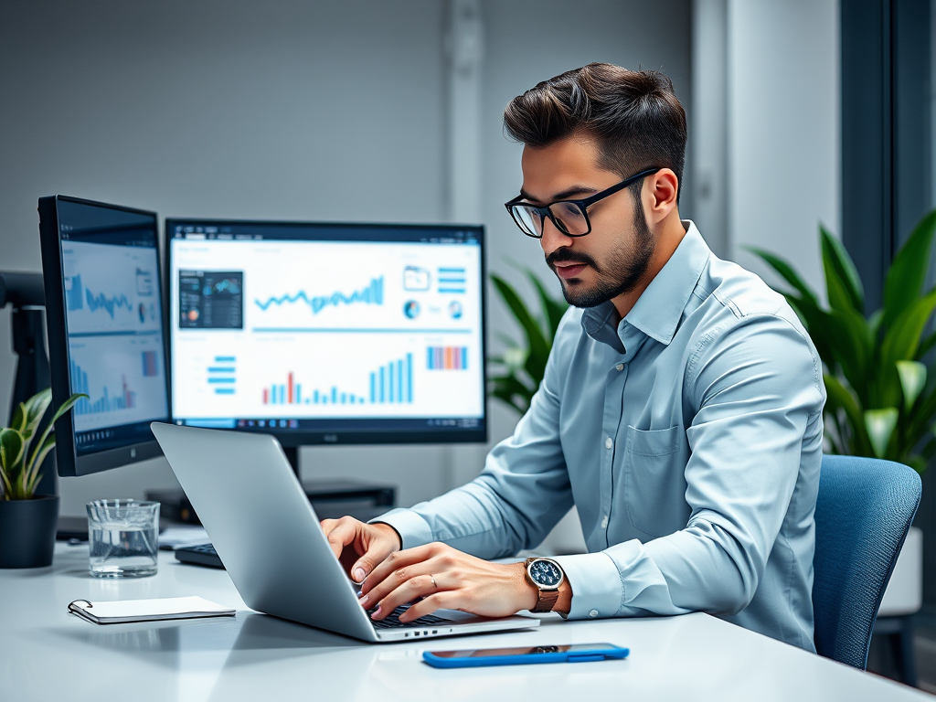 A man in a light blue shirt works on a laptop in an office, with data charts displayed on two monitors.