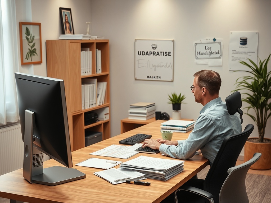 A man working at a desk with a computer, papers, and plants in a modern office environment.
