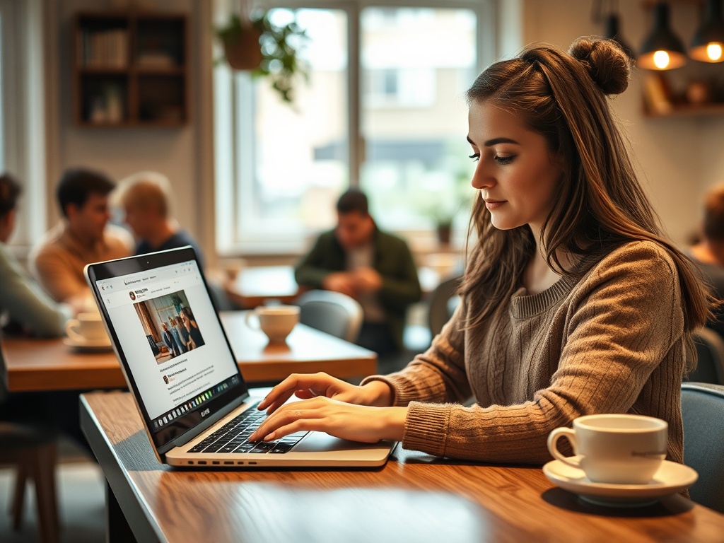 A woman types on a laptop in a café, with a coffee cup nearby and people socializing in the background.