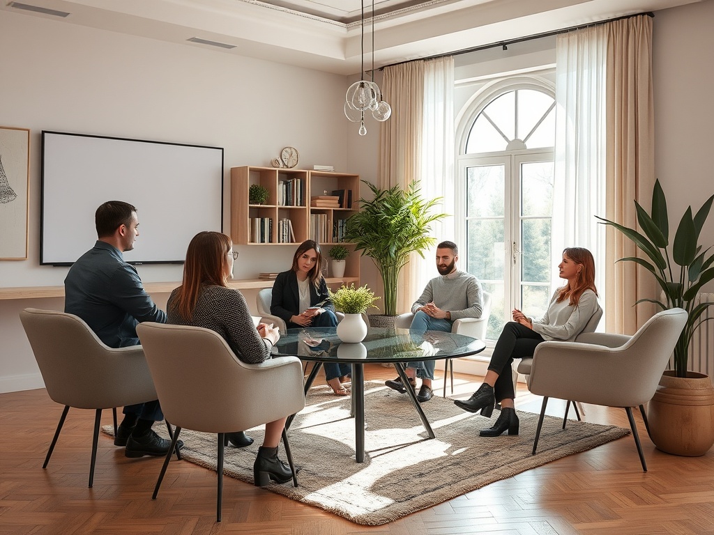 A group of five people in a bright meeting room, discussing around a glass table with plants and a projector screen.