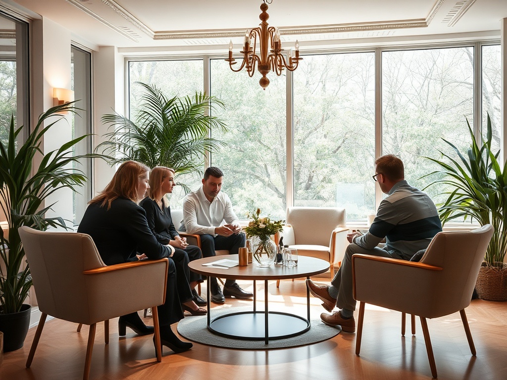 Four people are seated in a bright room with large windows and plants, engaged in a conversation around a coffee table.