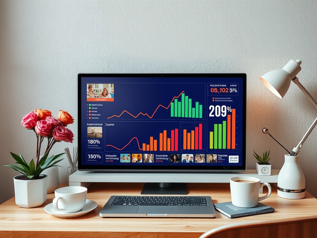 A workspace with a computer showing colorful graphs, alongside a cup of coffee and blooming flowers.