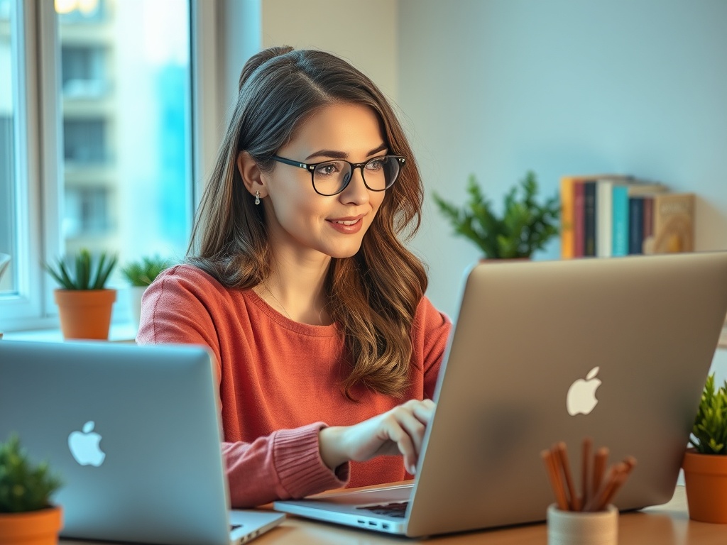 A young woman with glasses smiles while typing on a laptop at a well-lit desk with plants.