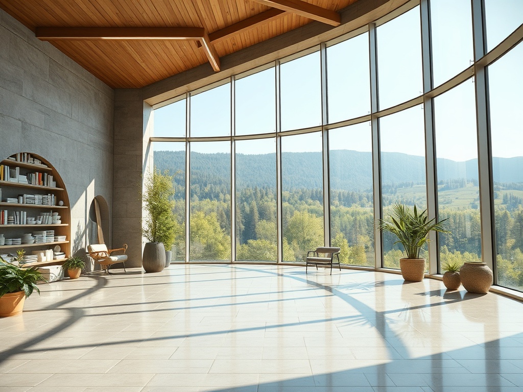 A bright, modern interior with large windows showcasing a scenic mountain view, plants, and cozy furniture.