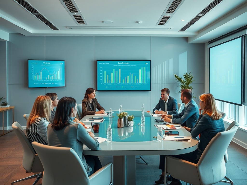 A diverse group of professionals in a meeting, discussing graphs displayed on screens in a modern conference room.